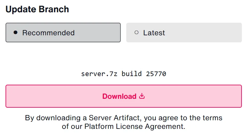 FiveM server artifacts download page with Recommended and Latest update branches