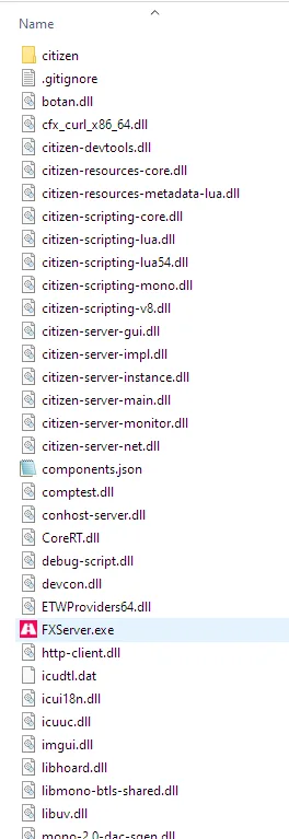Extracted FXServer folder showing FXServer.exe among the server files