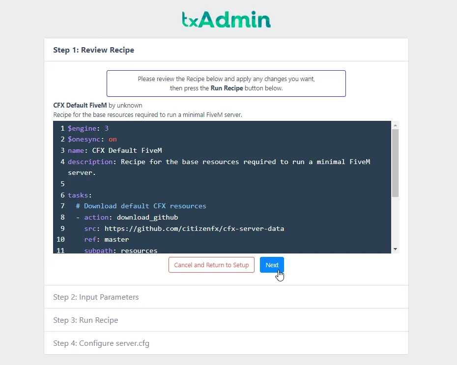 txAdmin Recipe Deployer reviewing the CFX Default FiveM recipe YAML before running it