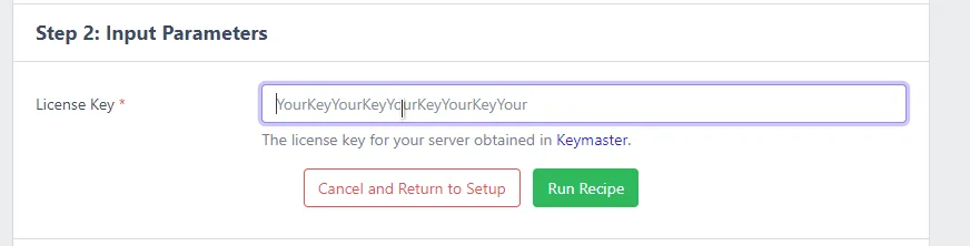 txAdmin recipe input parameters step asking for the server license key