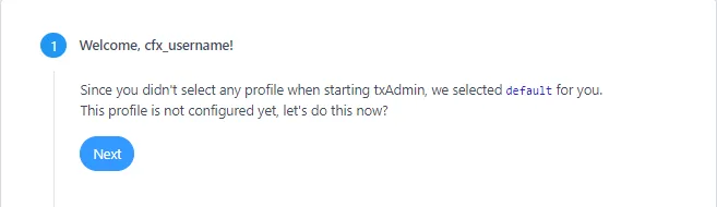 txAdmin setup wizard welcome step creating the default server profile