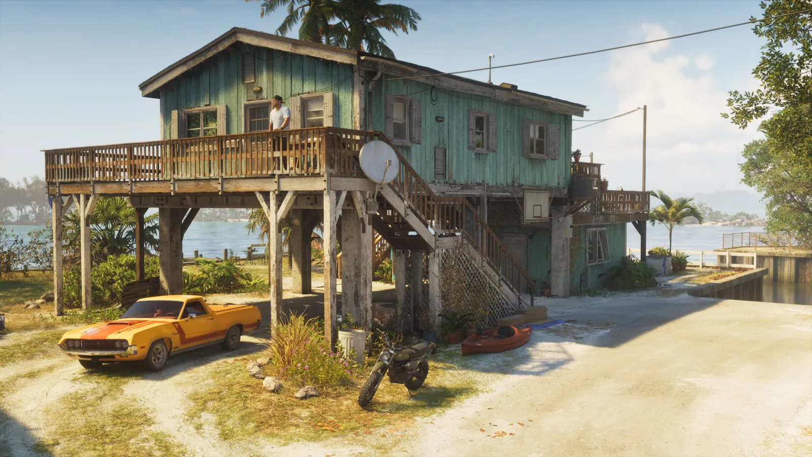 Une planque GTA 6 sur pilotis au bord de l'eau, avec une muscle car et une moto garées dessous
