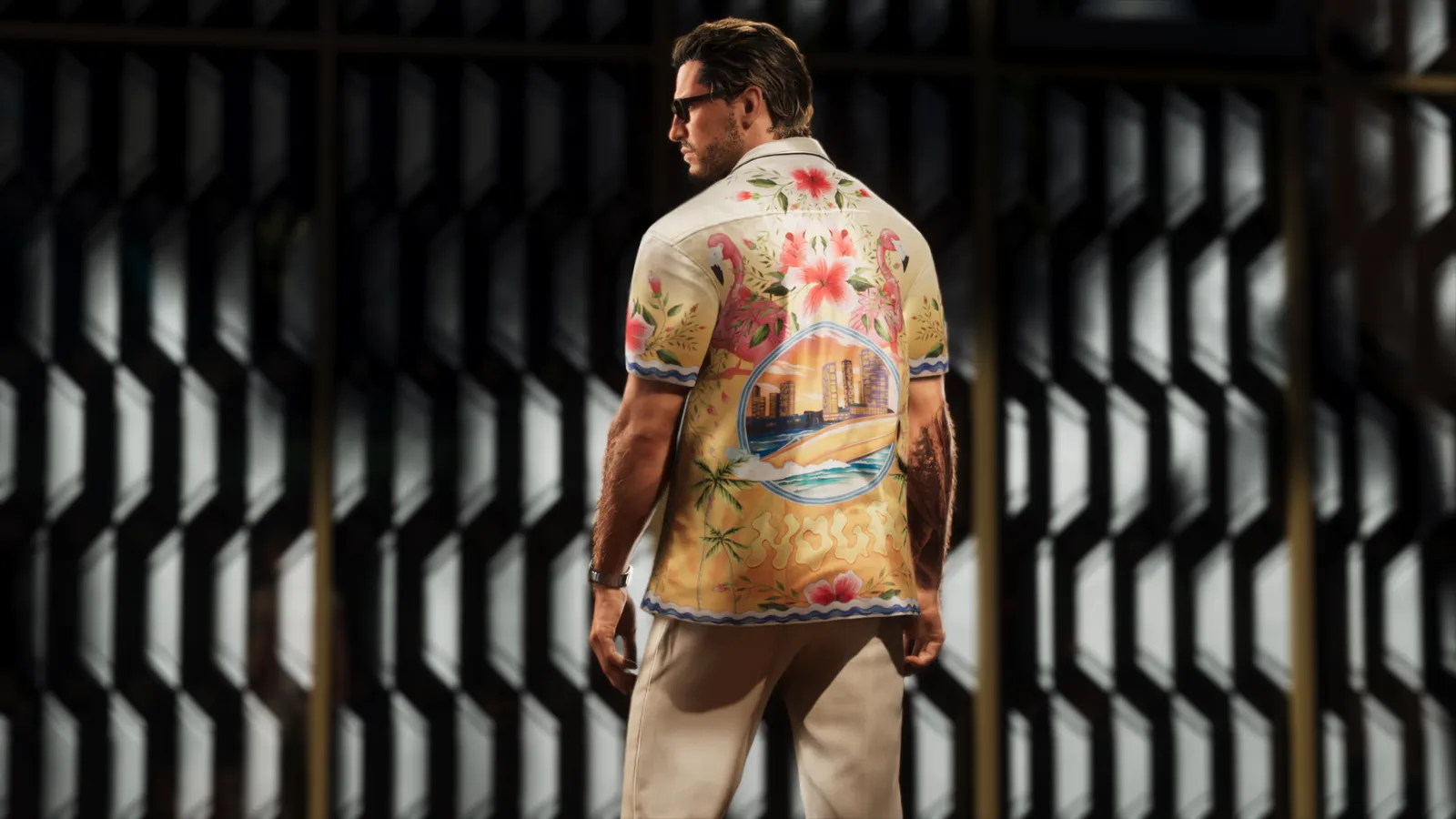 Un personnage de GTA 6 vu de dos portant une chemise imprimée Vice City