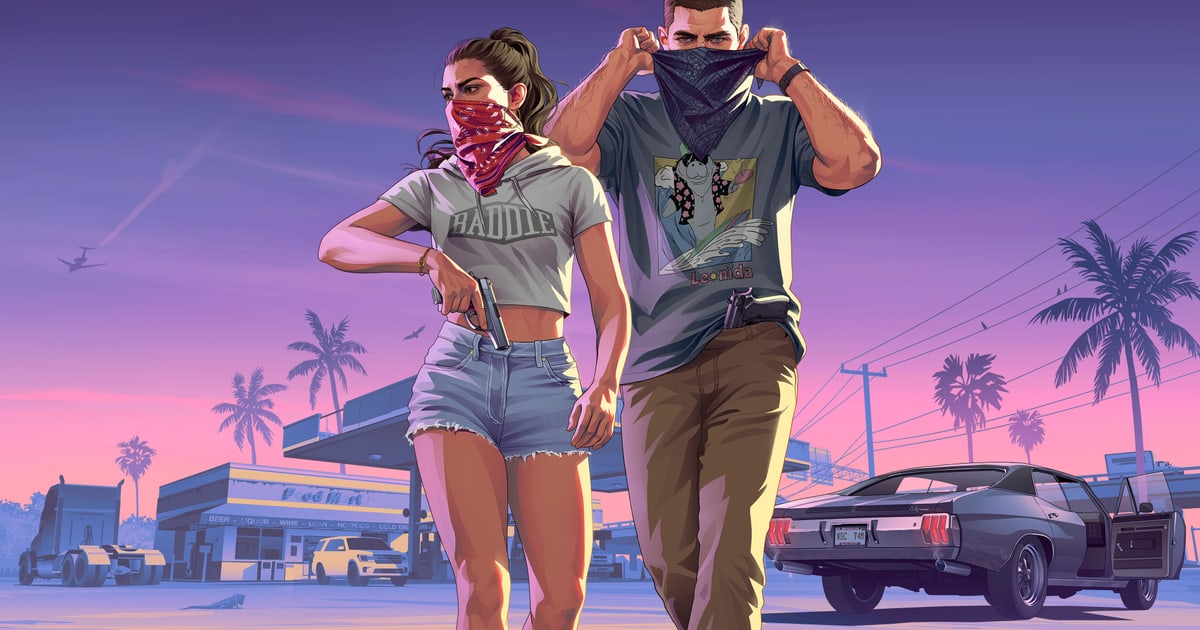 Jason et Lucia remontant leurs masques devant une station-service de Vice City, key art GTA 6